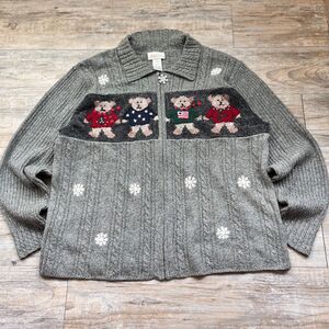 Studio Works Teddy Bear Christmas Zip Cardigan Large Gray Cozy Holiday Ugly